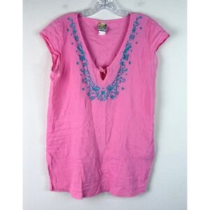 The Easy Life Tunic Womens XL Pink Embroidered Cotton Gauze V-Neck Boho
